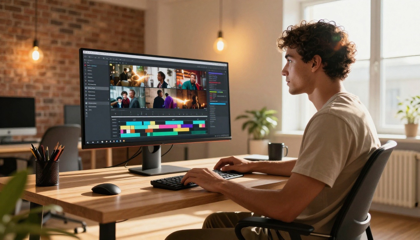 AI video creation workspace with monitor showing a cinematic video timeline