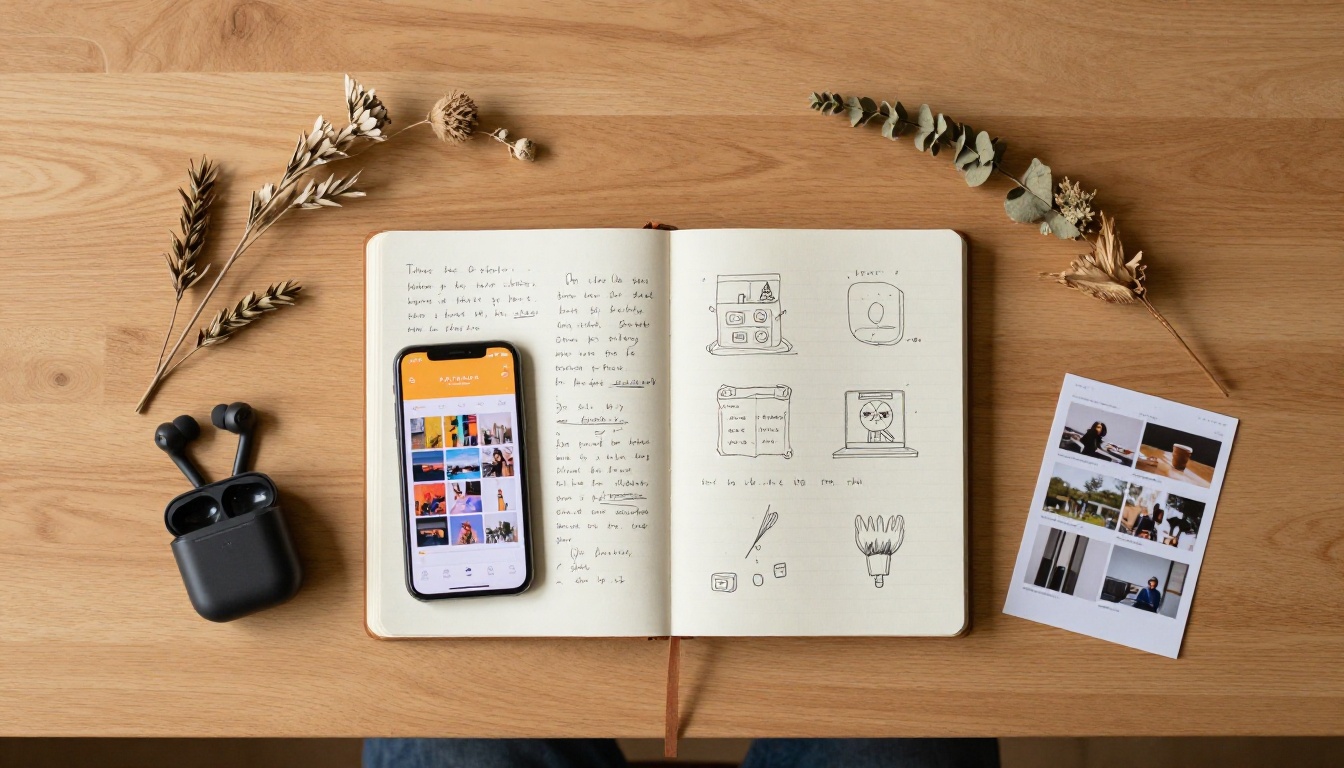 Aerial flat lay of a creative workspace with notebook, smartphone, earbuds, printed photos on an oak desk