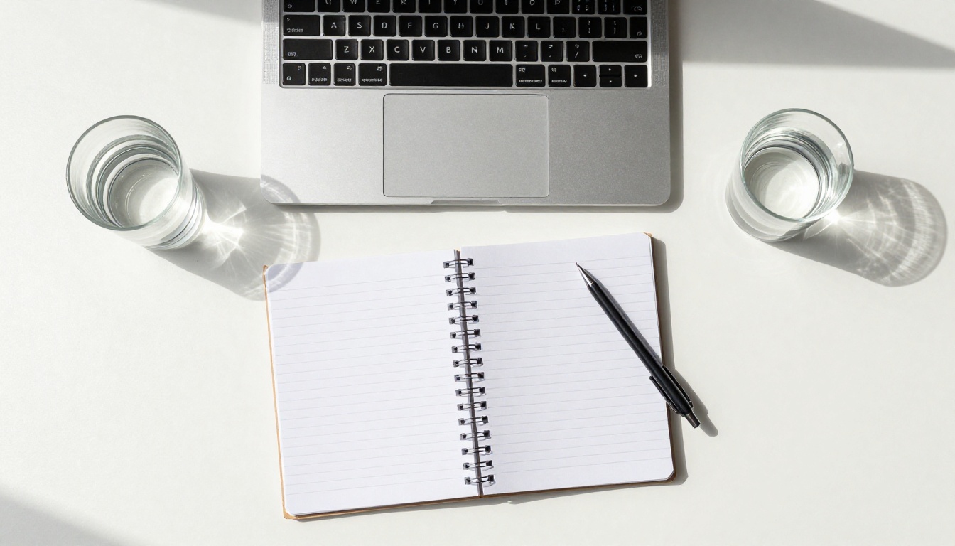 Flat lay aerial shot of a minimalist desk with MacBook, notebook and pencil
