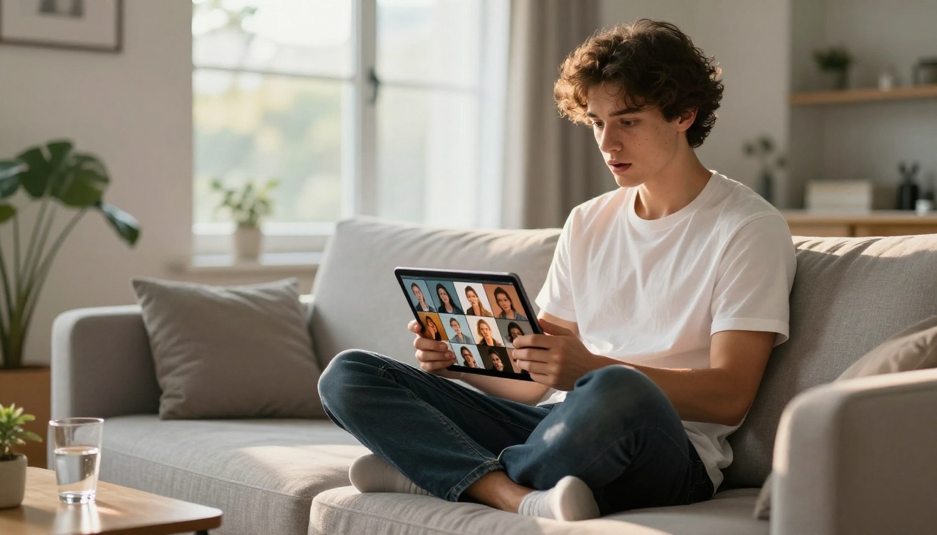 Young man on sofa reviewing AI-generated images on a tablet, natural afternoon window light from the right
