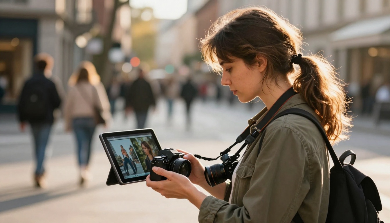 Woman photographer reviewing shots on her DSLR camera in a golden-lit city street, soft bokeh background