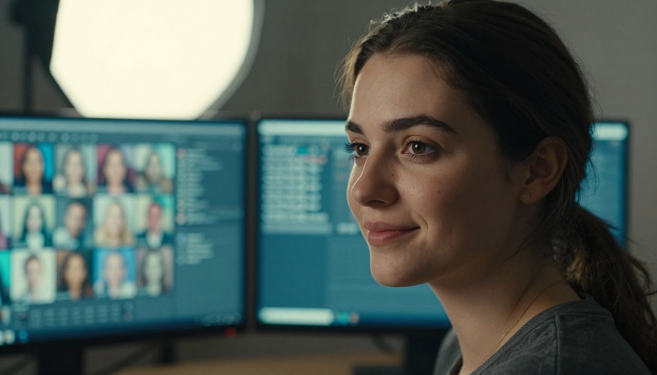 Close-up portrait of a confident young woman creator seated in front of a soft dual-monitor glow, natural skin detail