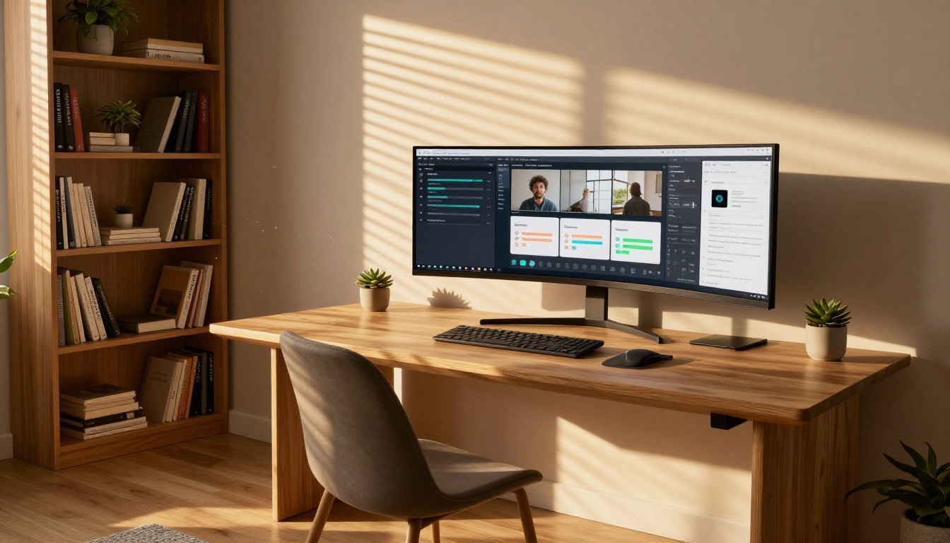 Wide shot of a minimalist home office bathed in golden hour light cutting through Venetian blinds