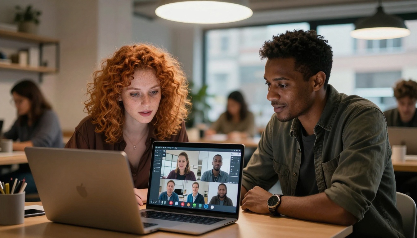 Two colleagues watching a video playback together at a co-working space, faces lit by screen glow