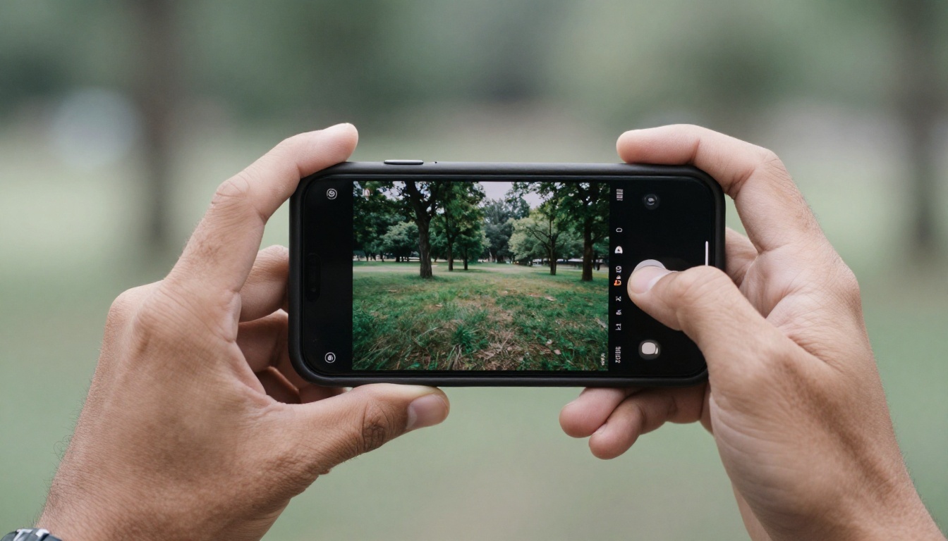 Man holding a smartphone horizontally showing vivid nature video playback outdoors