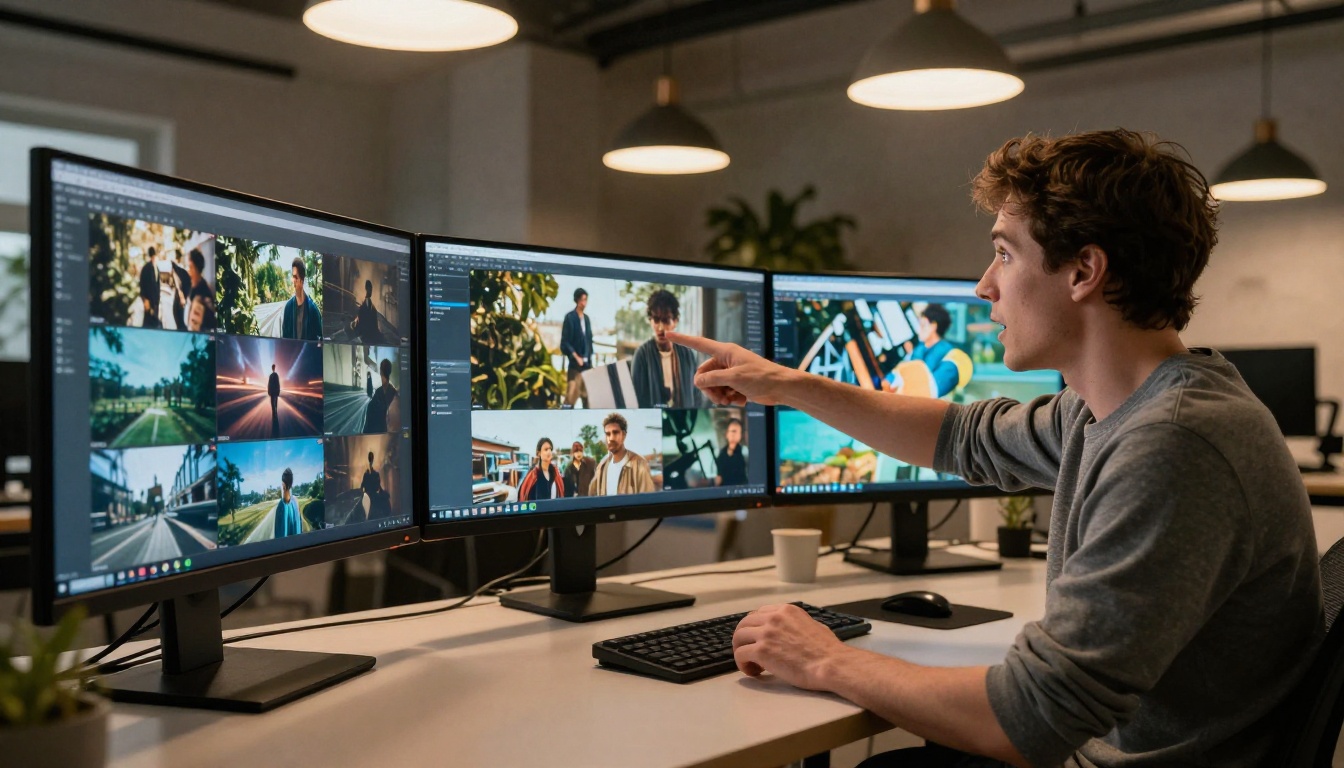 Modern creative studio workspace with three monitors showing cinematic video stills Modern creative studio workspace with three monitors showing cinematic video stills