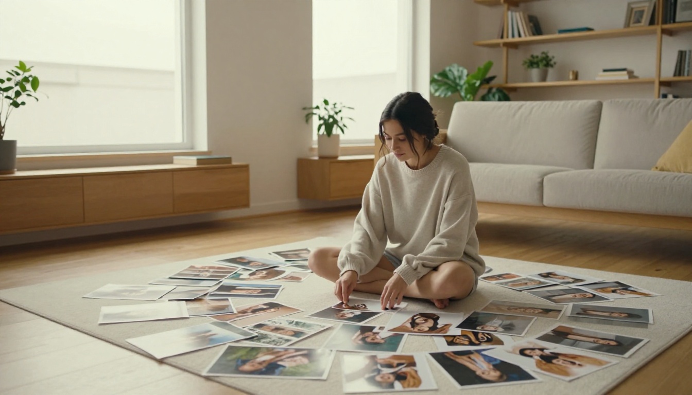 Young woman creator sitting on a white rug surrounded by printed photos, organizing them, warm natural window light