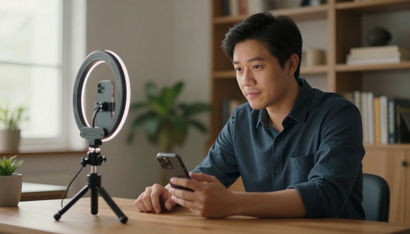 Man recording himself with a smartphone on a tripod, soft ring light, clean home studio setup with bookshelves in soft focus