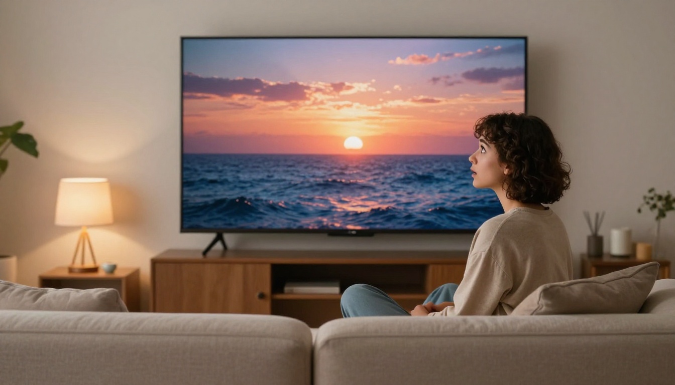 Young woman sitting on sofa with wide amazed eyes watching AI-generated ocean video on TV Young woman sitting on sofa with wide amazed eyes watching AI-generated ocean video on TV