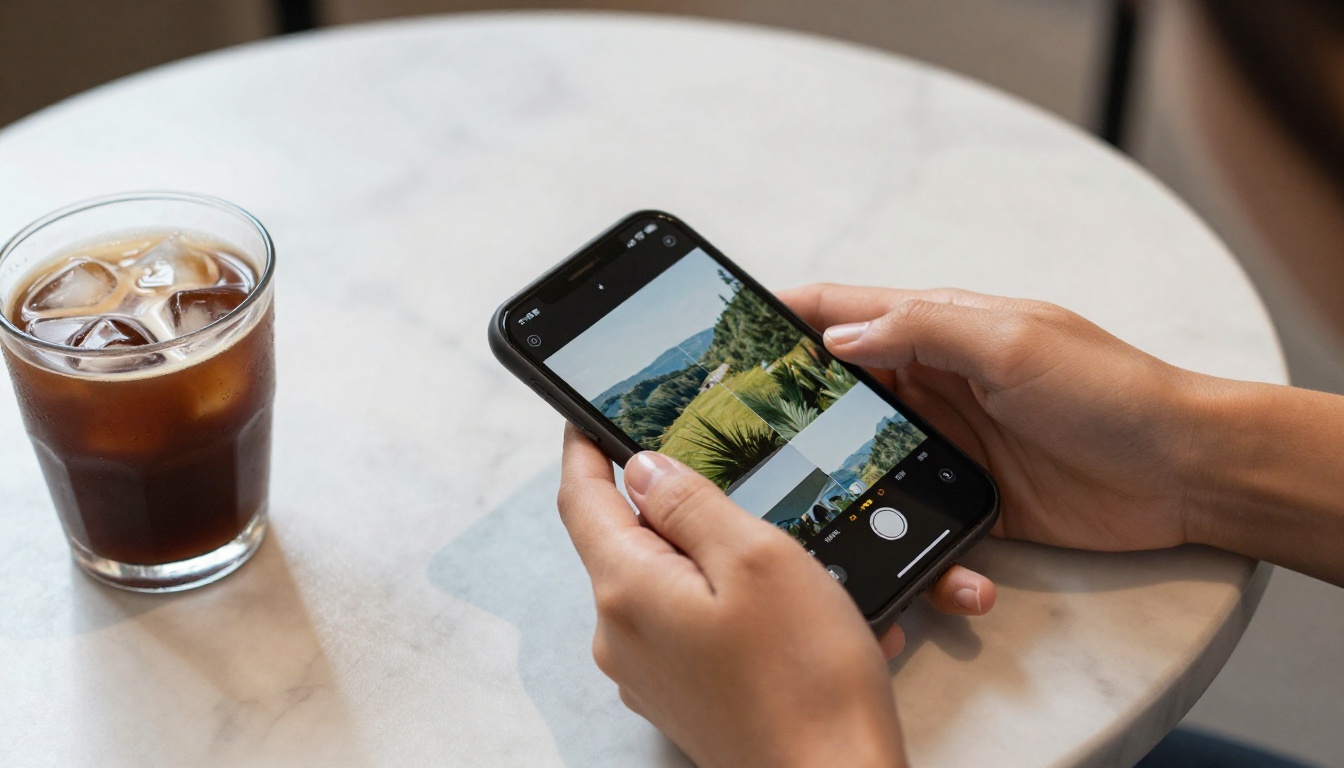 Woman's hands holding a smartphone showing a photo editing interface at a marble café table, soft skylight above