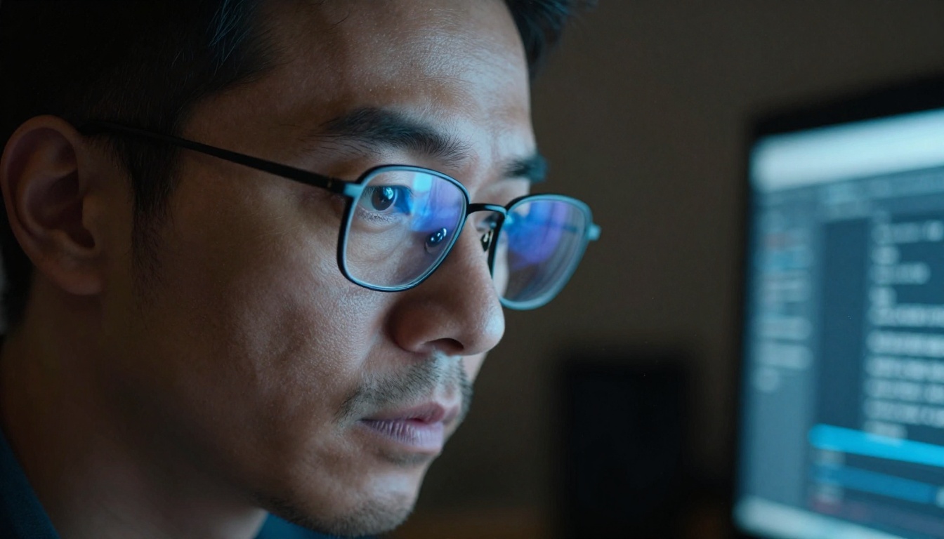 Close-up of a man with glasses illuminated by monitor glow, deep in concentration Close-up of a man with glasses illuminated by monitor glow, deep in concentration