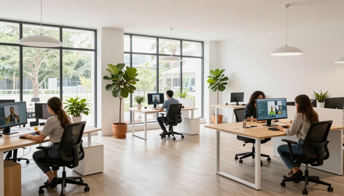 Wide bright coworking space with people at standing desks creating AI videos Wide bright coworking space with people at standing desks creating AI videos