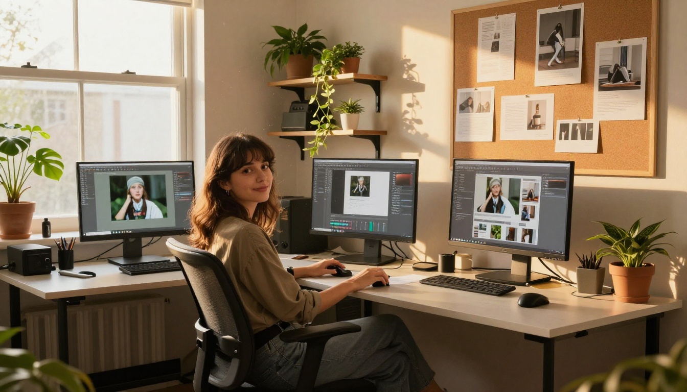 Young creative woman at a large L-shaped home studio desk with two monitors, warm late afternoon golden light from the upper left