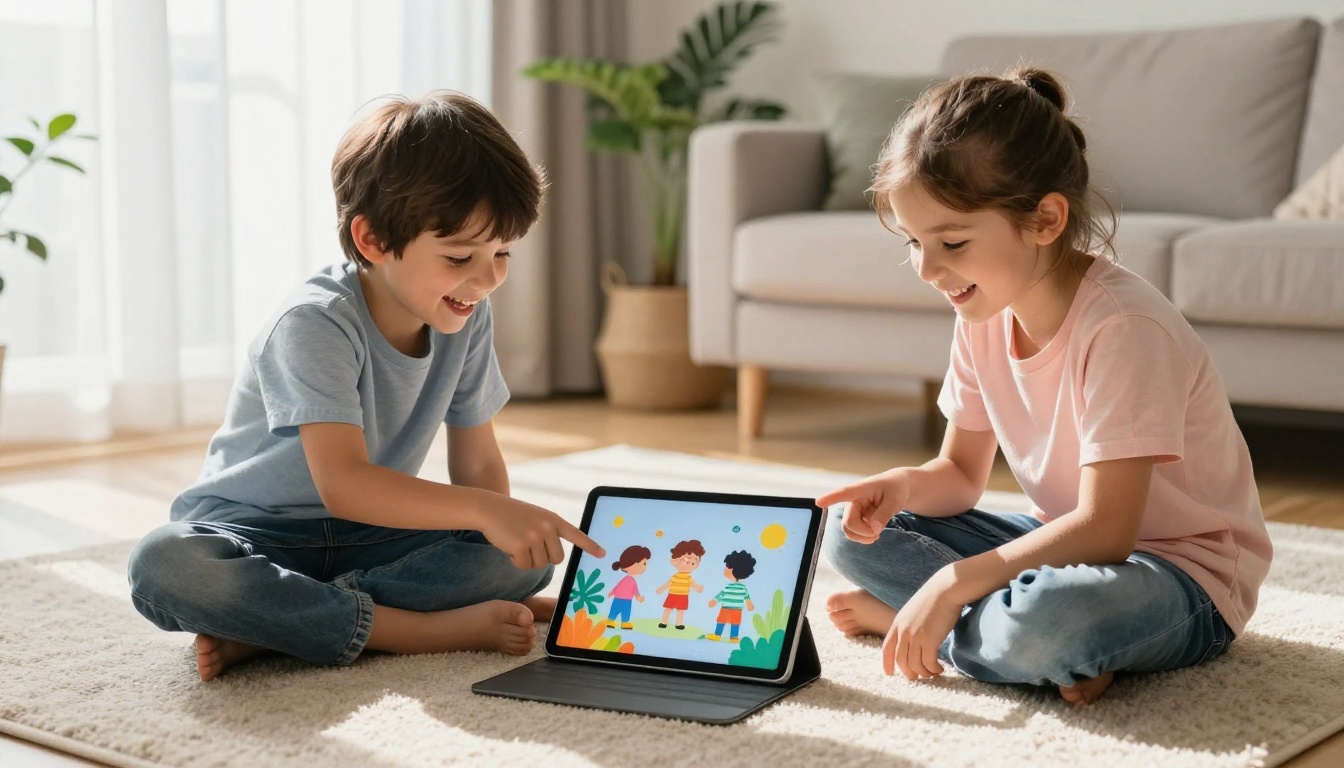Two children laughing while exploring AI art on a tablet together Two children laughing while exploring AI art on a tablet together