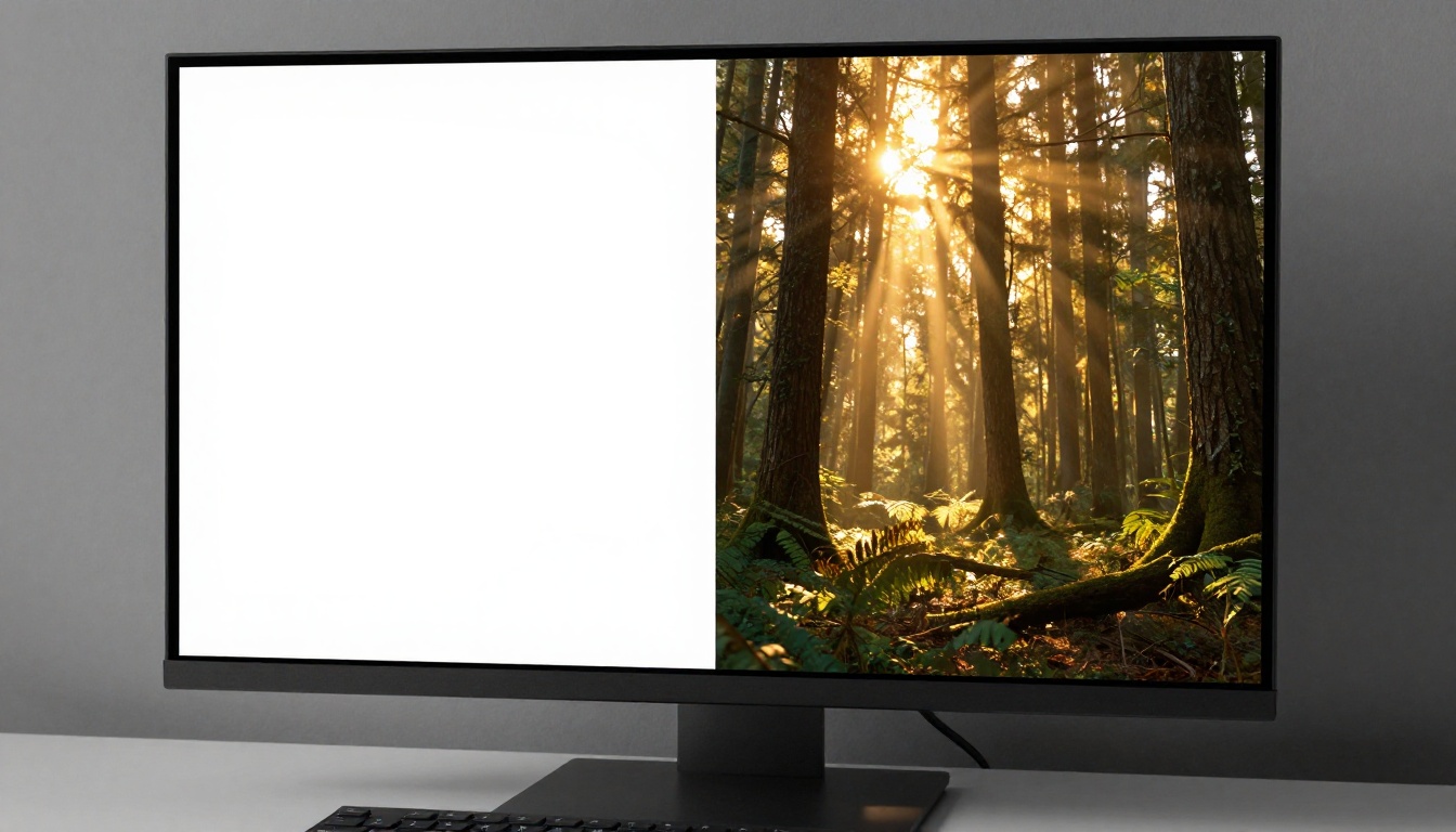 Low-angle monitor showing text prompt on left and cinematic forest video on right Low-angle monitor showing text prompt on left and cinematic forest video on right