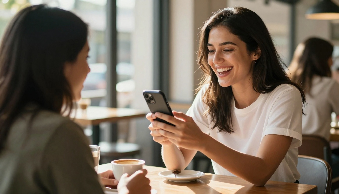 Woman in a bright cafe laughing while sharing an AI-generated video on her phone Woman in a bright cafe laughing while sharing an AI-generated video on her phone