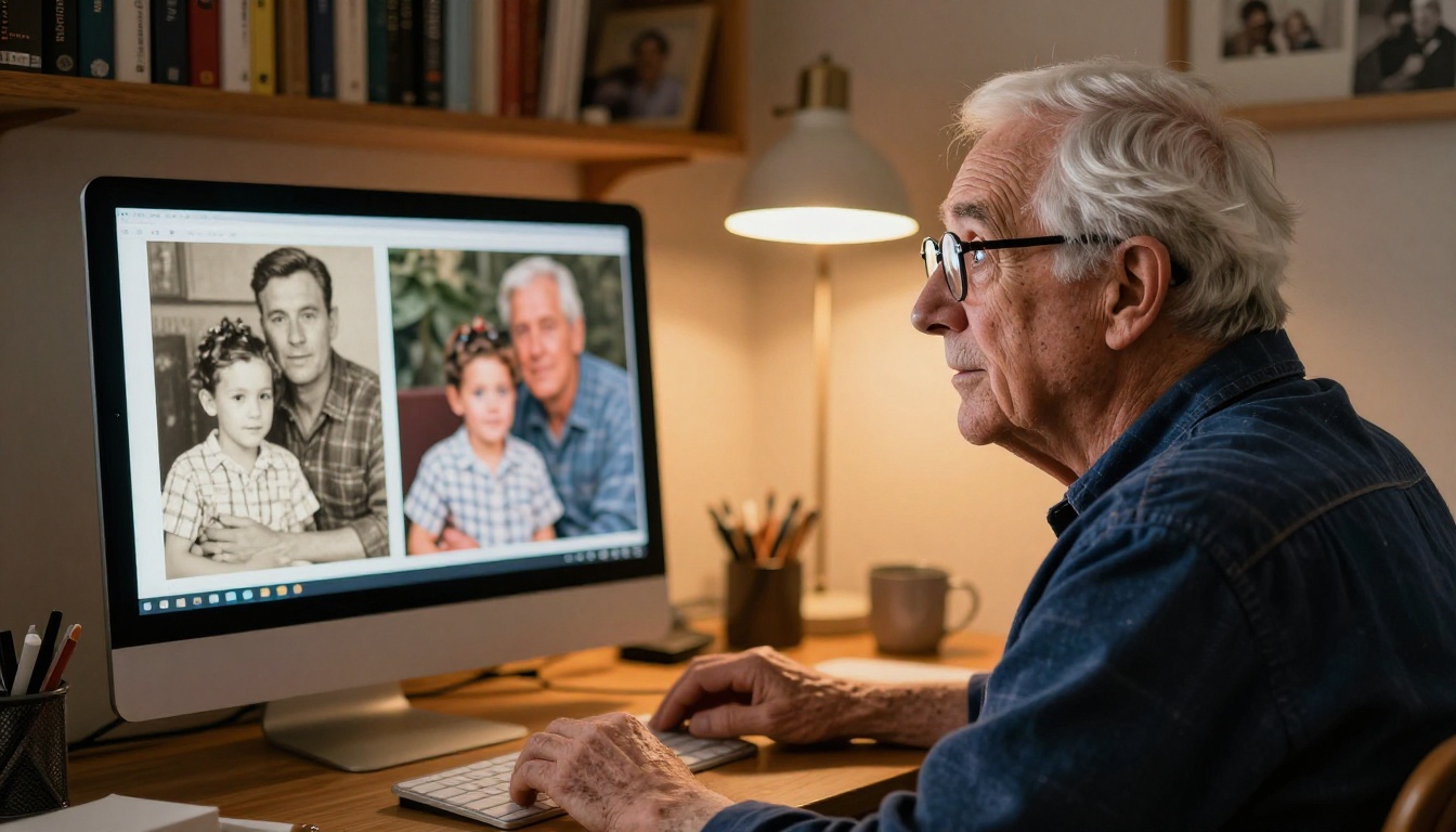 Elderly man looking with delight at a vibrant colorized family photo on his desktop monitor
