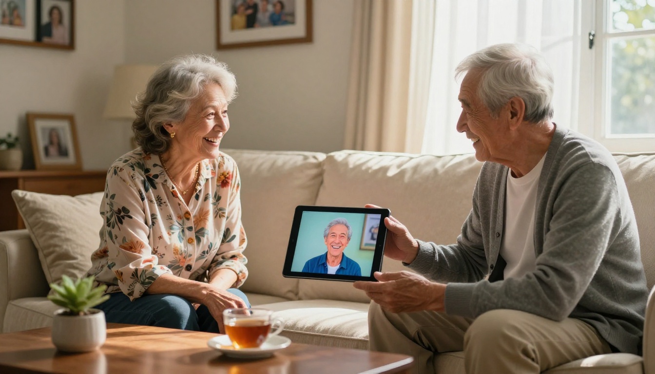 Two seniors sharing a tablet and laughing together while browsing AI photo tools at home
