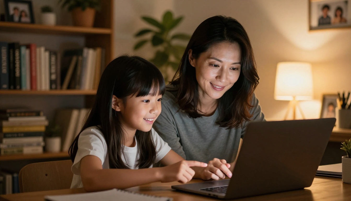 A mother and daughter exploring AI together at a laptop in a cozy home office