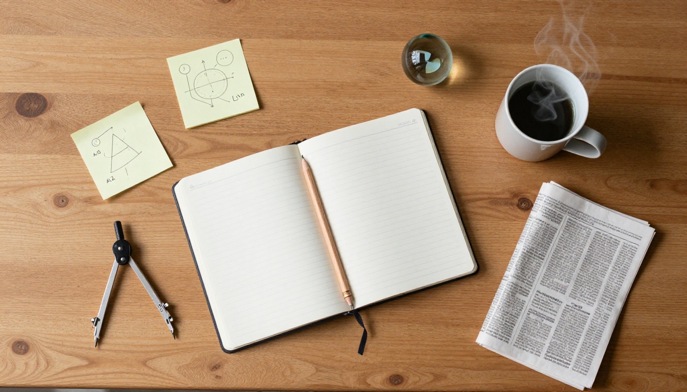 Aerial flatlay of a wooden desk with notebook, pencil, sticky notes, and a steaming mug