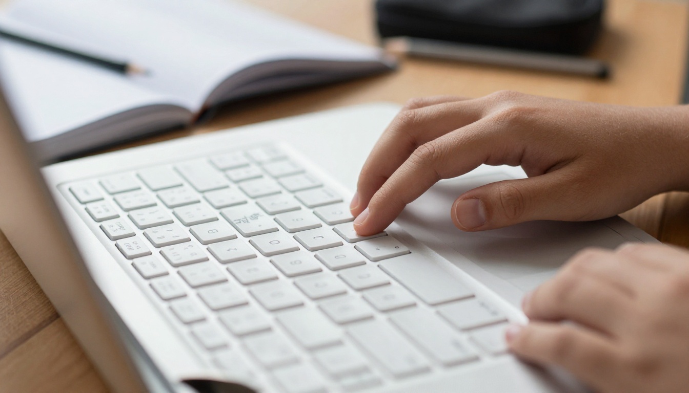 Close-up of a child's hands typing on a laptop next to a school notebook Close-up of a child's hands typing on a laptop next to a school notebook