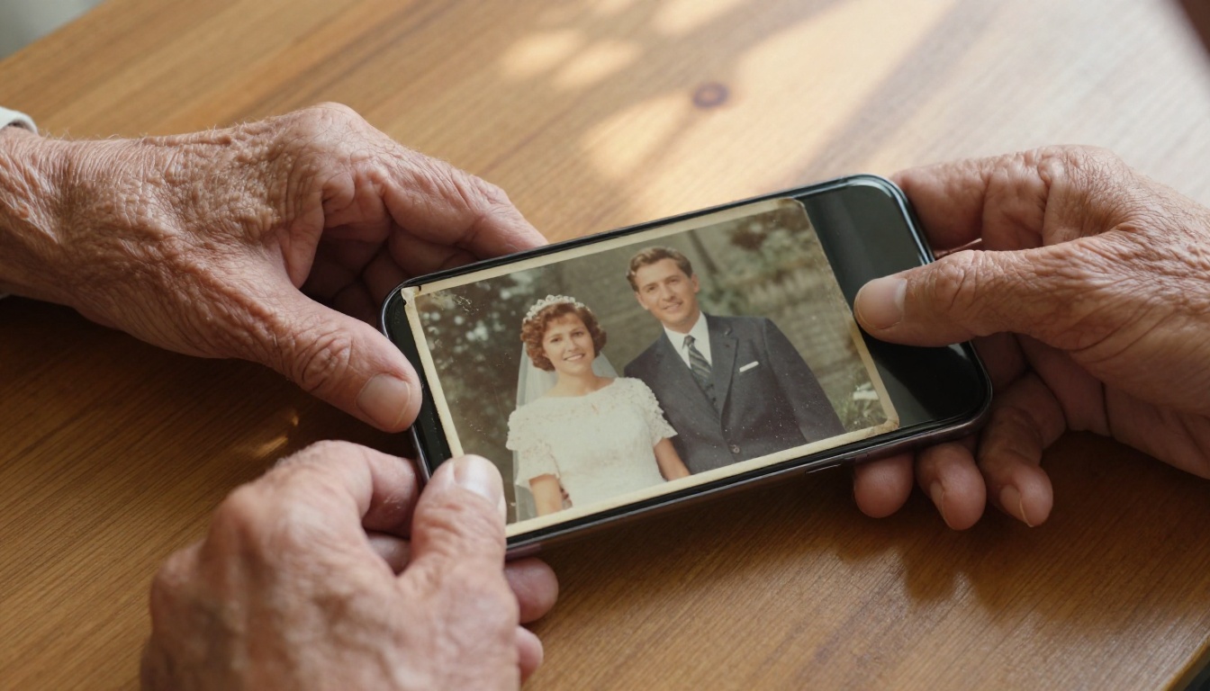 Close-up of weathered elderly hands holding a faded old wedding photograph, with a clearly restored version visible on a smartphone nearby