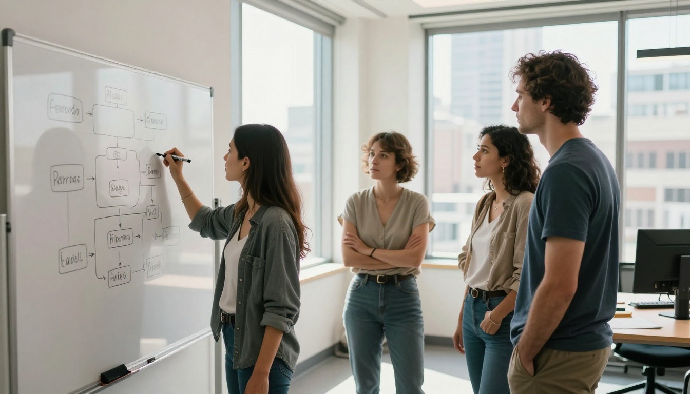 A diverse team collaborating around a whiteboard in a bright office