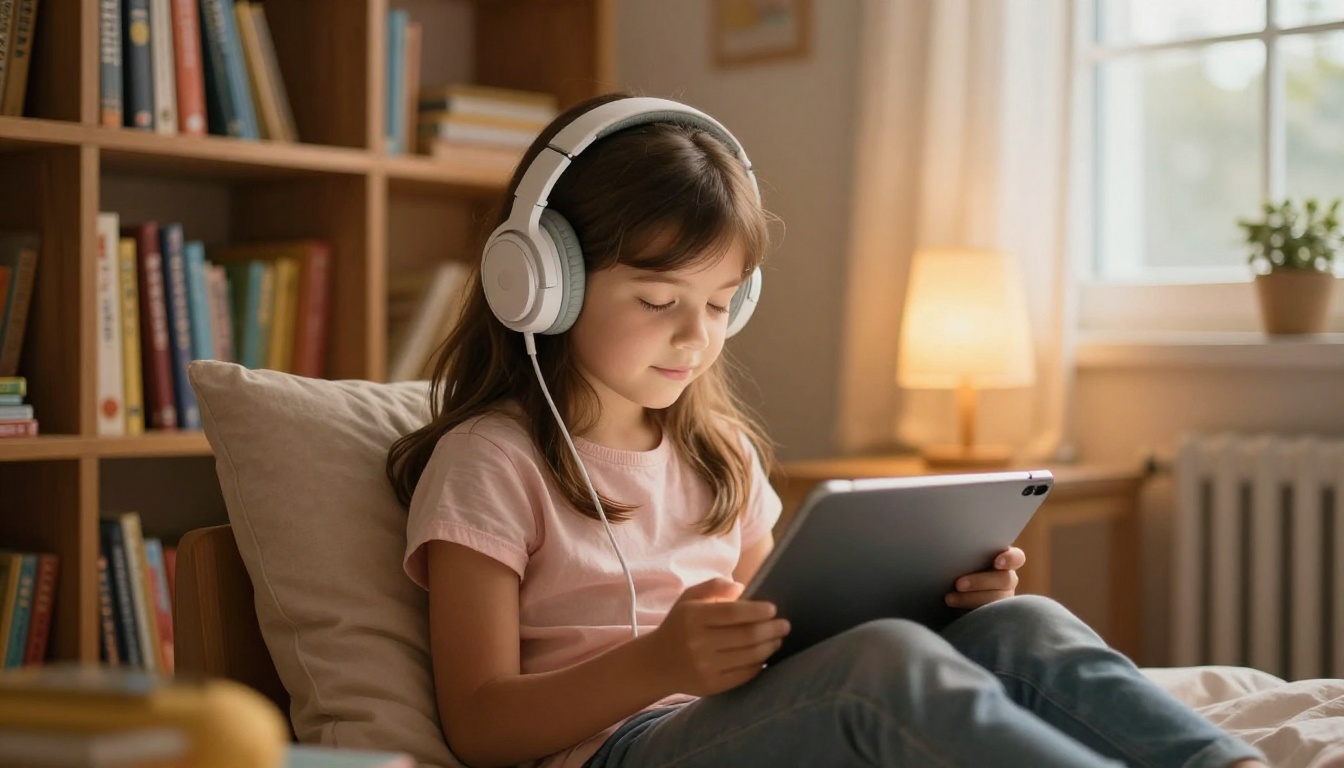 A young girl with headphones listening to AI-narrated stories in a cozy reading nook A young girl with headphones listening to AI-narrated stories in a cozy reading nook