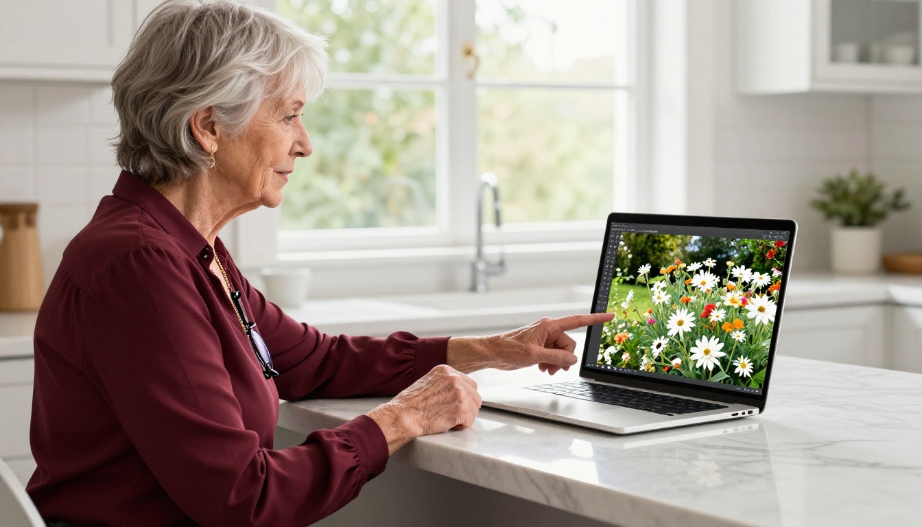 Elderly woman pointing at a laptop screen showing an AI background removal tool with her garden photo cleanly cut out