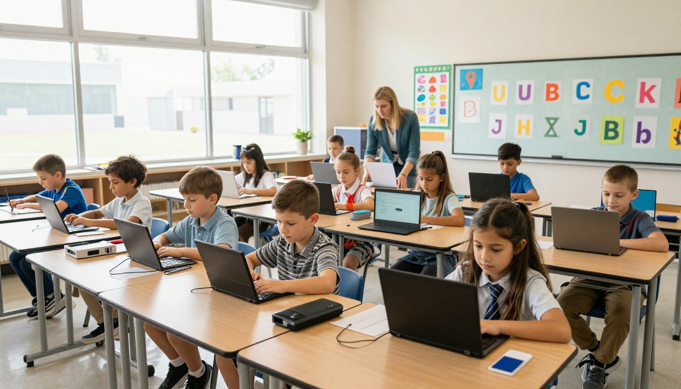 A bright modern classroom of diverse children engaged with AI tools on tablets