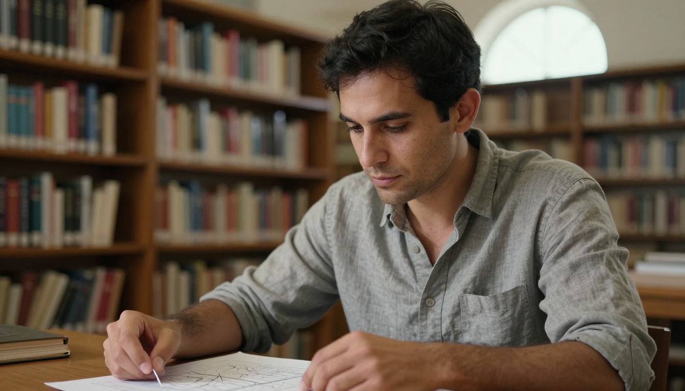 A focused man studying AI diagrams in a quiet library with warm afternoon light