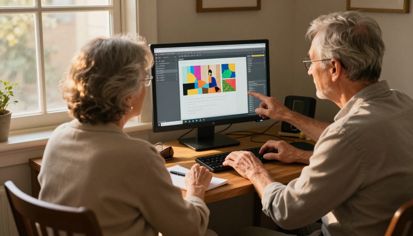 Older couple sitting together at a home computer desk, one pointing at the screen and the other typing carefully with one finger