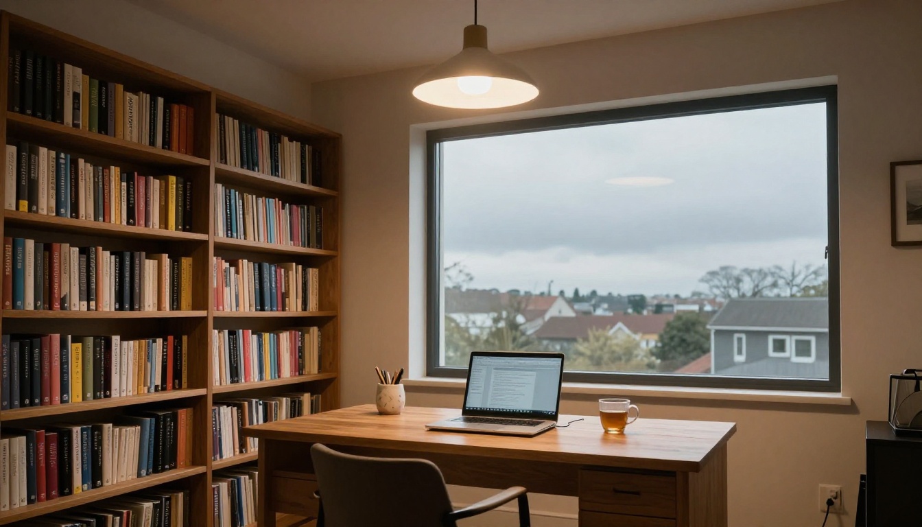 A tidy modern study room with a glowing laptop, bookshelves, and warm pendant light