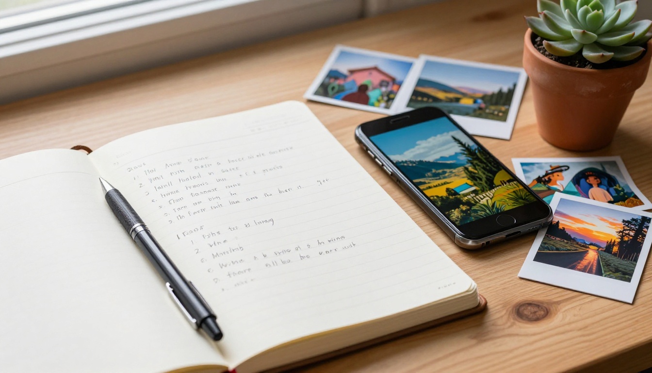 Flat-lay desk with handwritten prompt notes, printed AI images, and a succulent plant