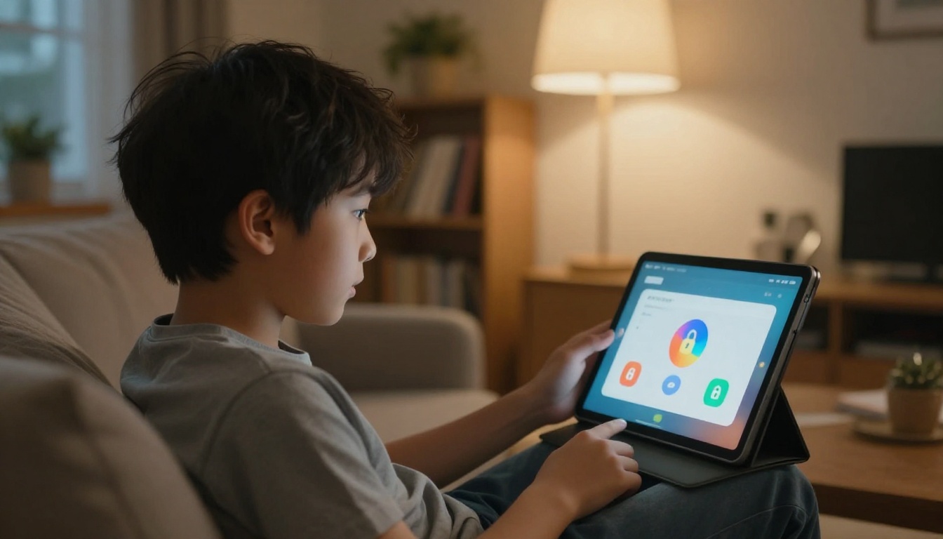A father setting up parental controls on a tablet while his young son watches