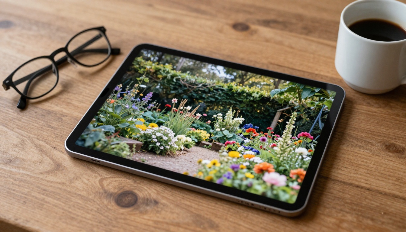 Close-up of a tablet showing a before-and-after comparison of a blurry garden photo versus its crisp AI-enhanced version