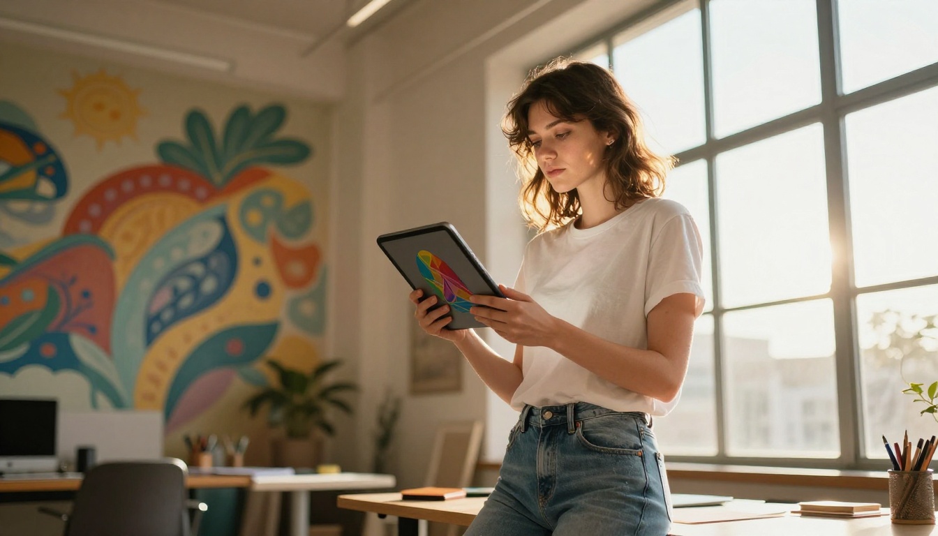 A woman holding a tablet with AI-generated artwork in a sunlit creative studio