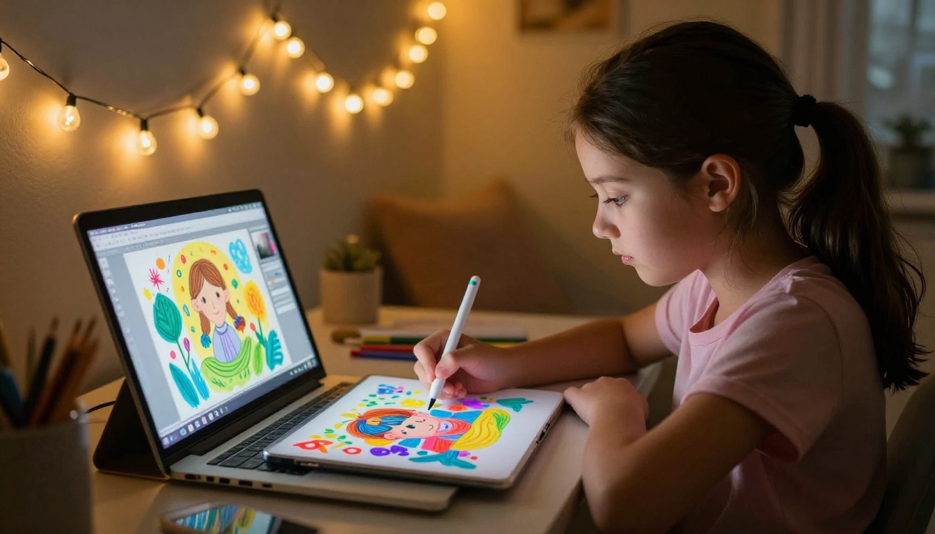 An 11-year-old girl creating digital art with AI on a drawing tablet An 11-year-old girl creating digital art with AI on a drawing tablet