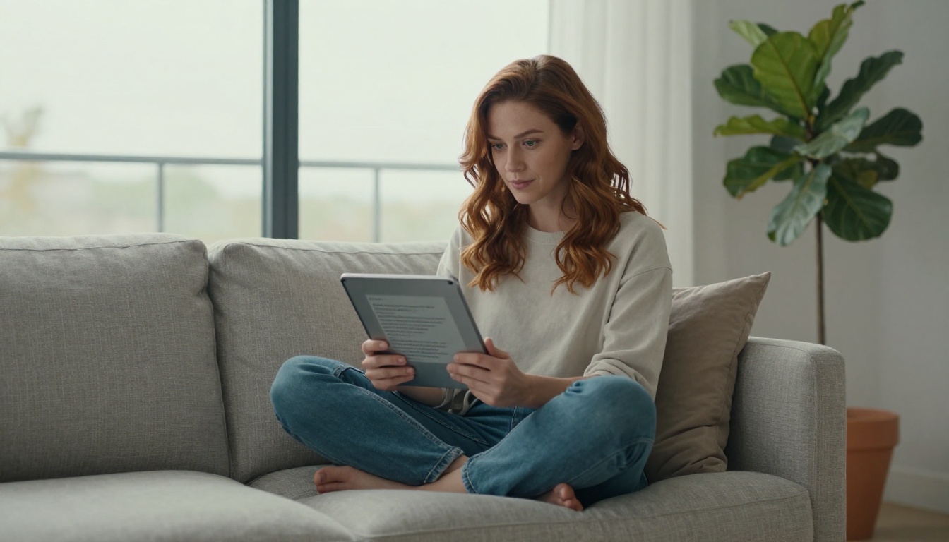 Woman with tablet exploring AI image generation in a minimalist living room