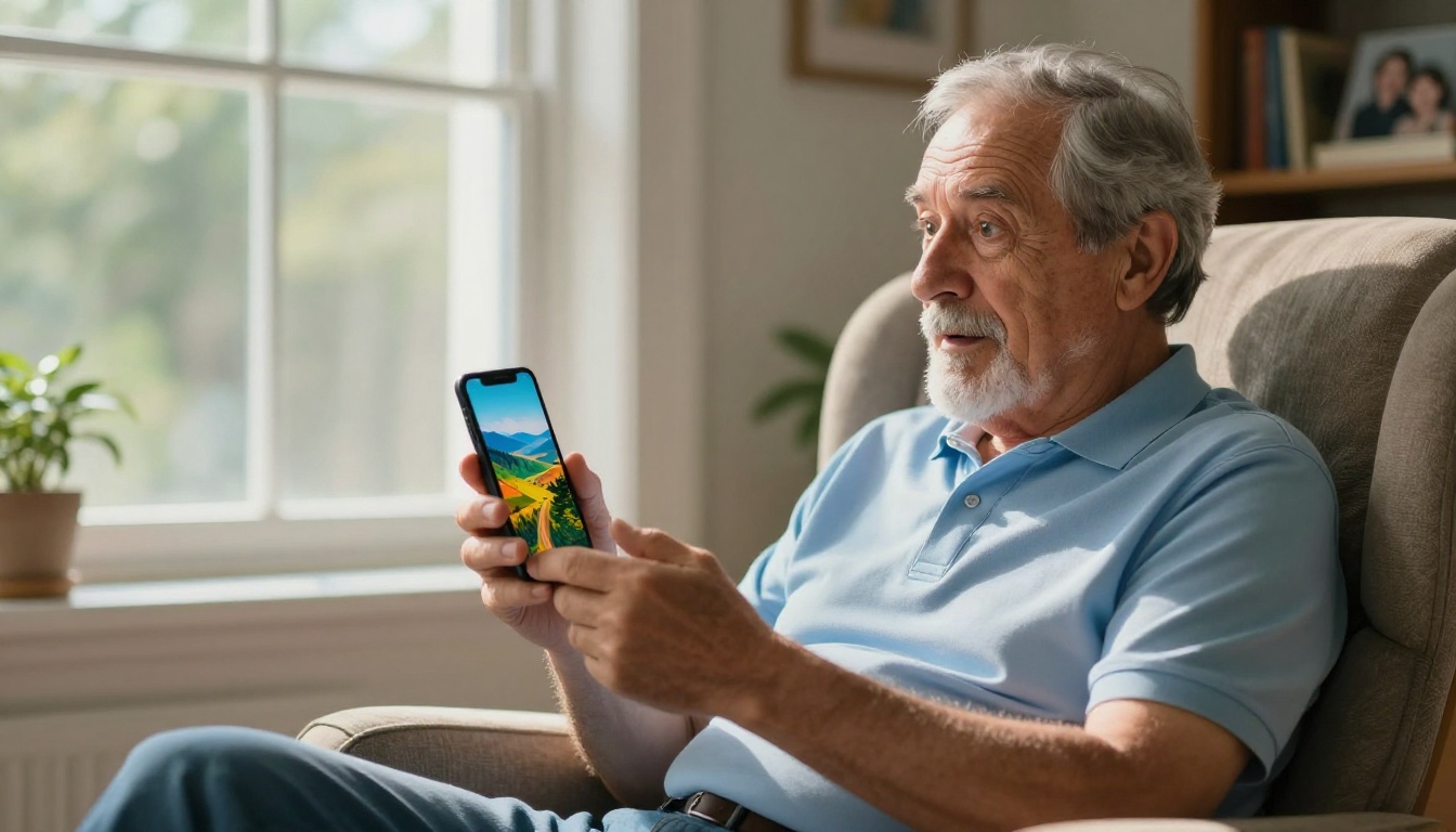 Senior man sitting comfortably in an armchair by a bright window, holding a smartphone and looking at AI-generated images with a warm smile