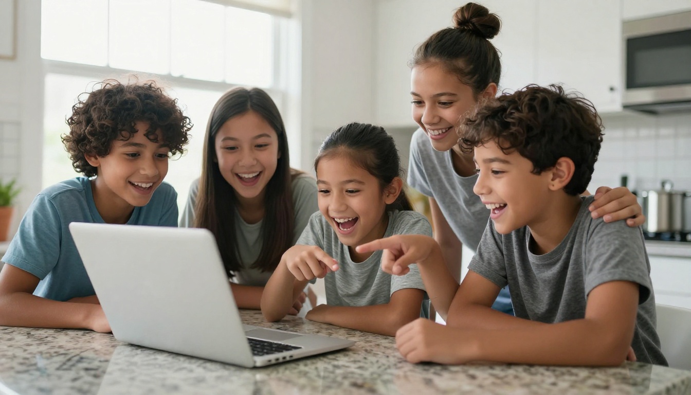 Three children laughing together while reading an AI-generated story on a laptop