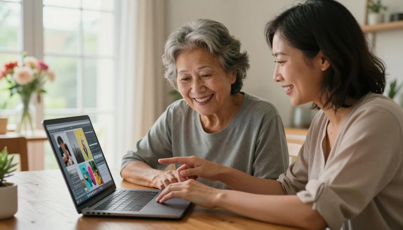 Young adult daughter sitting beside her elderly mother at a dining table, both smiling warmly while using an AI photo tool on a laptop together