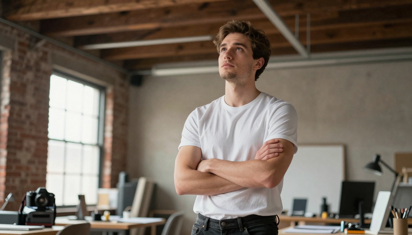 Young man standing confidently in a creative brick-wall workspace with industrial skylights