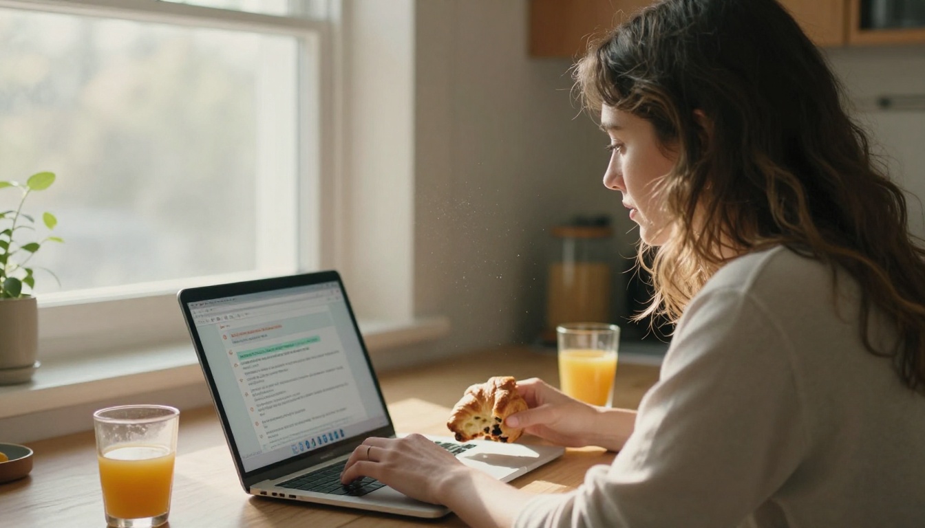 A woman chatting with an AI interface on her laptop at a kitchen table in morning light