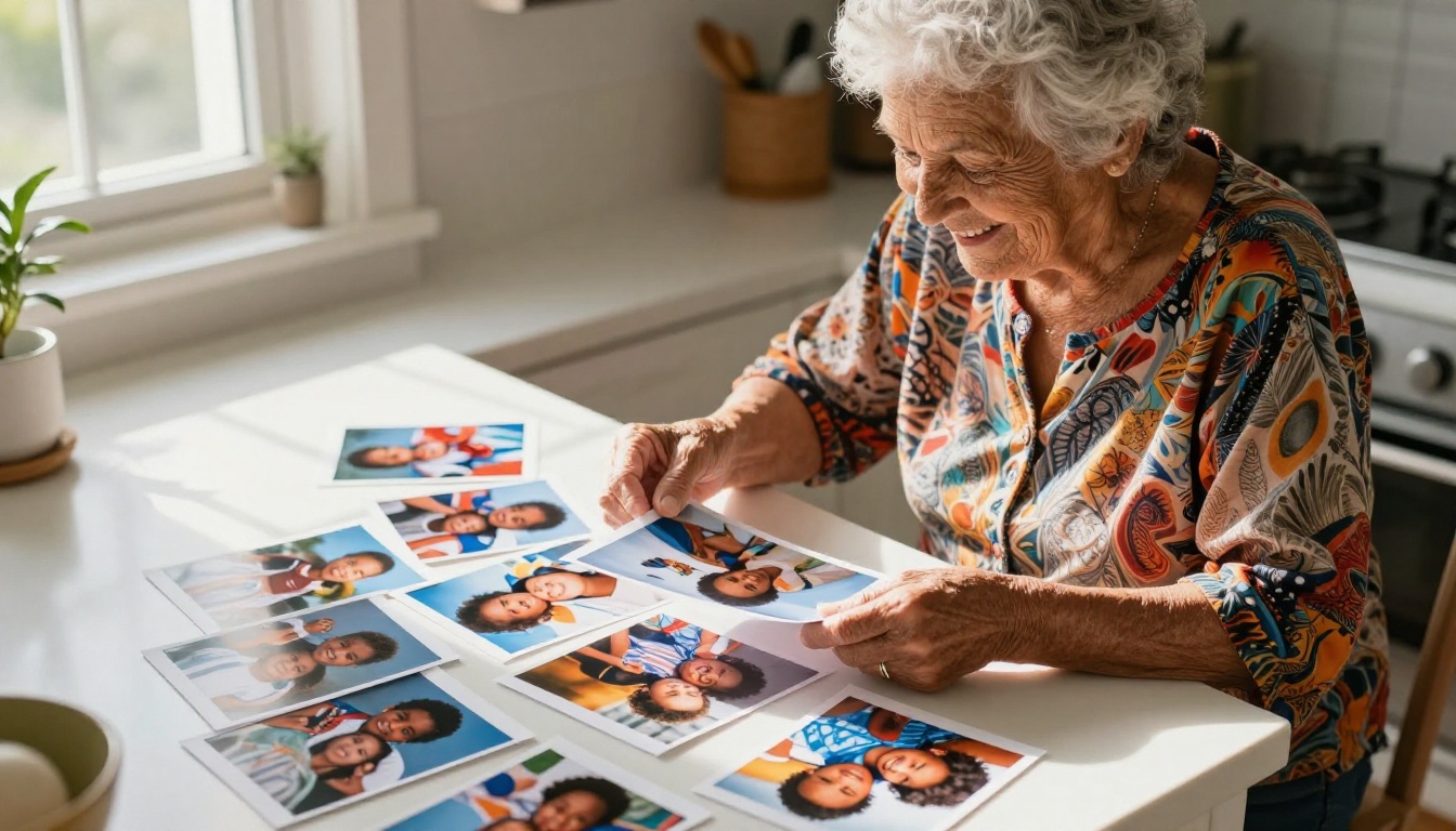 Elderly woman with curly white hair standing proudly at her kitchen counter, looking at a spread of freshly printed AI-enhanced family photos