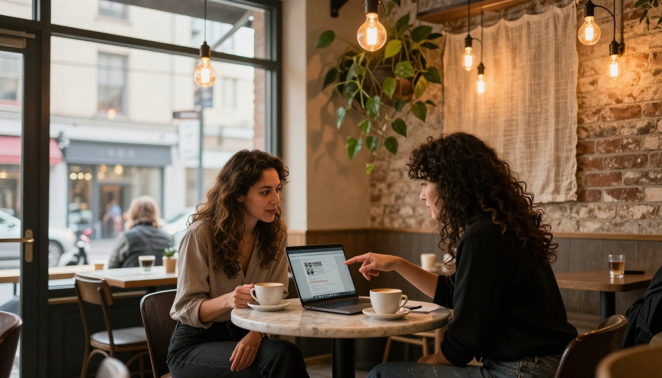 Two women sharing a laptop at a coffee shop marble table, discussing AI-generated images