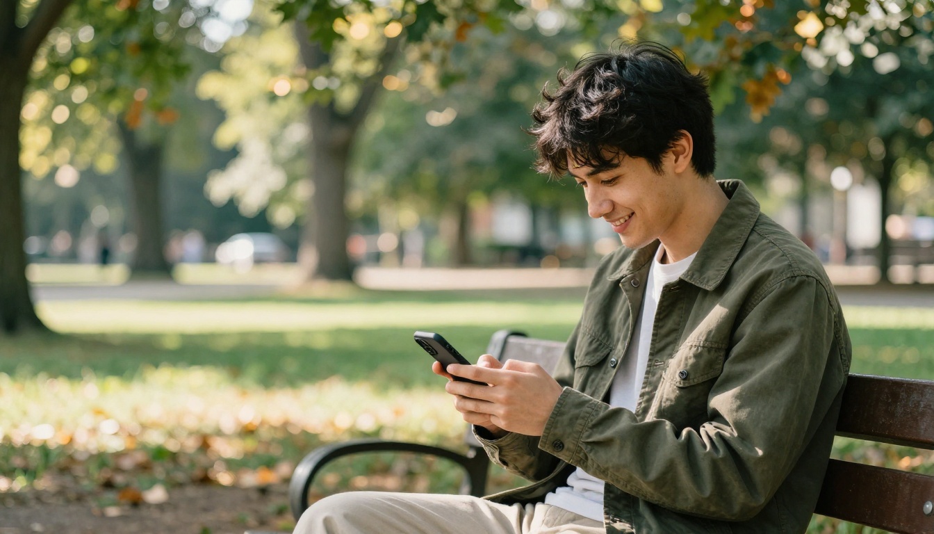 A man relaxing on a park bench in dappled afternoon sunlight, smiling at his phone
