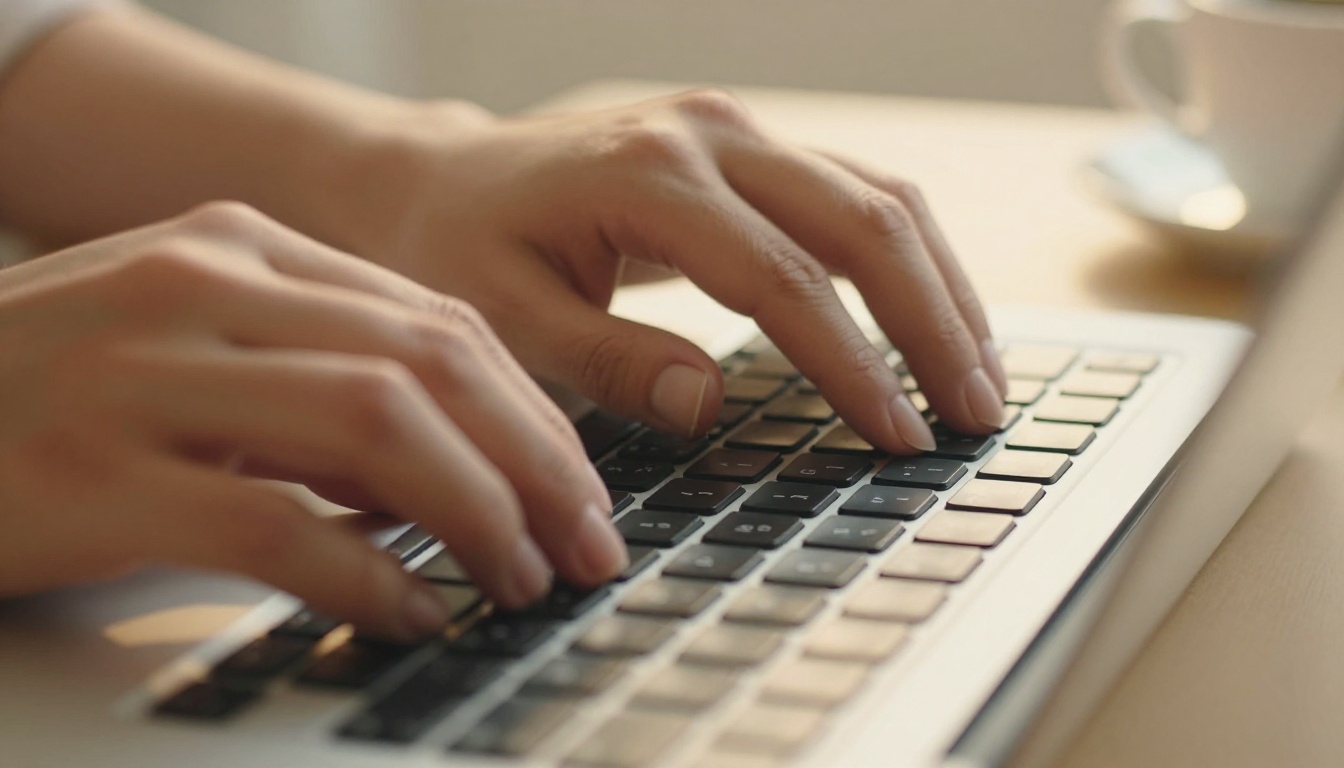 Hands resting on a laptop keyboard with golden morning light Hands resting on a laptop keyboard with golden morning light