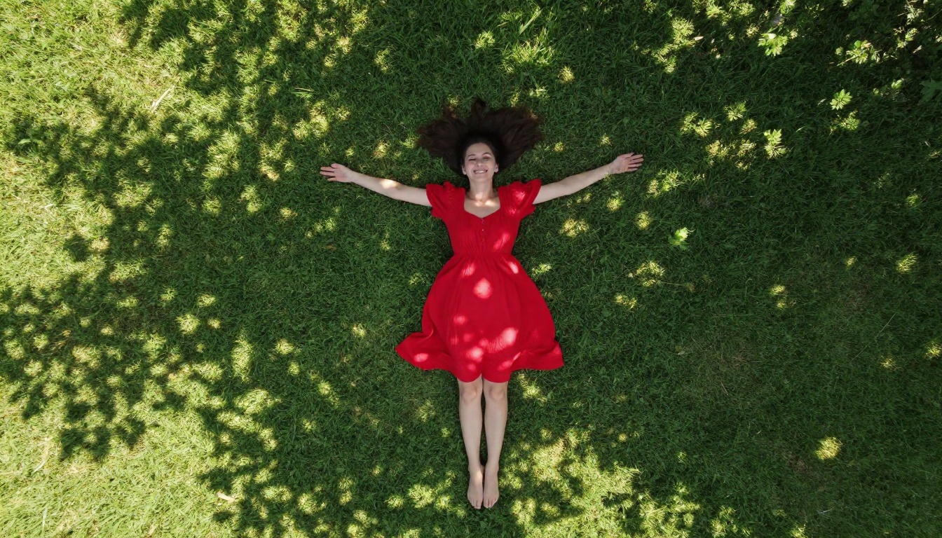 Aerial drone shot of a woman in a red dress lying joyfully on bright green grass