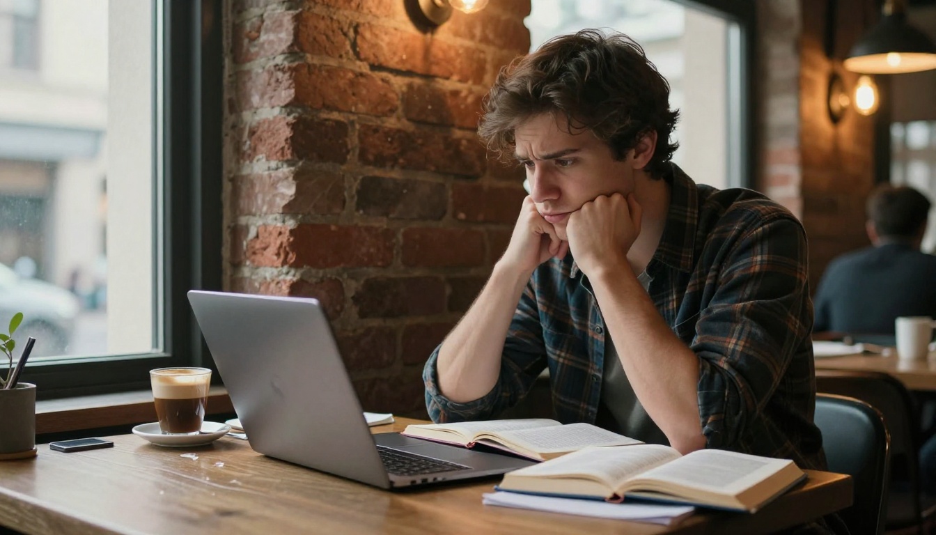 A young man sitting at a cafe table surrounded by books, staring at his laptop with a puzzled expression